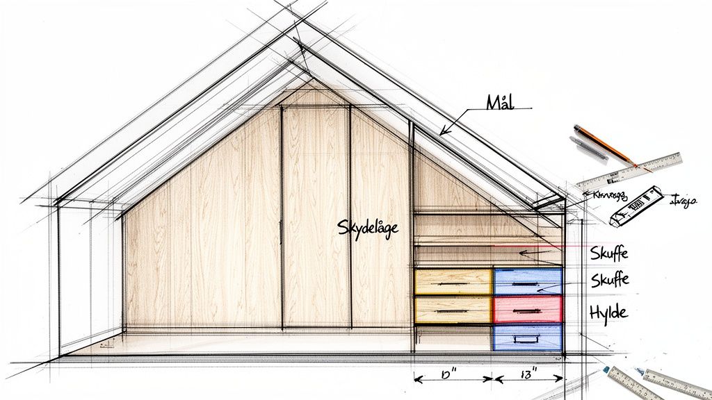 Premium skitse af specialbyggede Garderobeløsninger til loftrum.