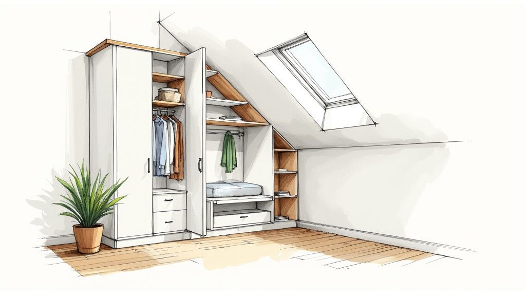 Rummeligt walk-in closet med skydedøre og loftslys. Ideel til optimal udnyttelse af plads i et værelse under skråtag.