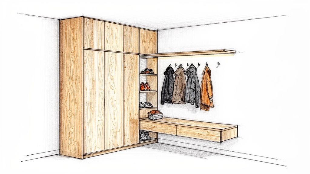 Skab unikt garderoberumder med specialfremstillede trækasser og plads til sko og overtøj.