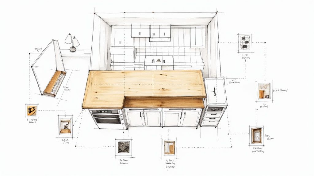 Unikt køkkendesign med skræddersyet træarbejde og elegant planlægning.