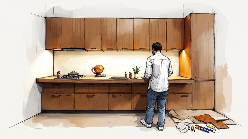 Elegantt køkkendesign med moderne træskabe og funktionelt arbejdsområde.