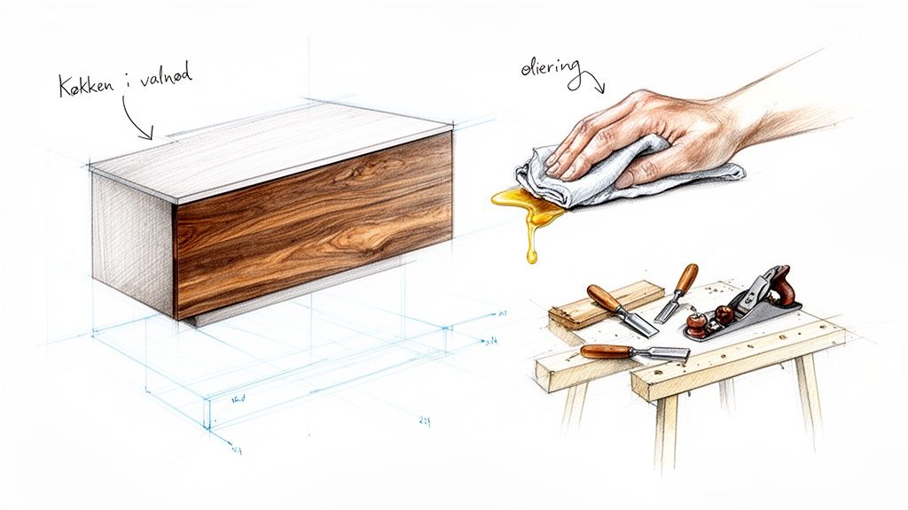 Faglig snedkervision med træværk og værktøjer til specialfremstillede møbler.