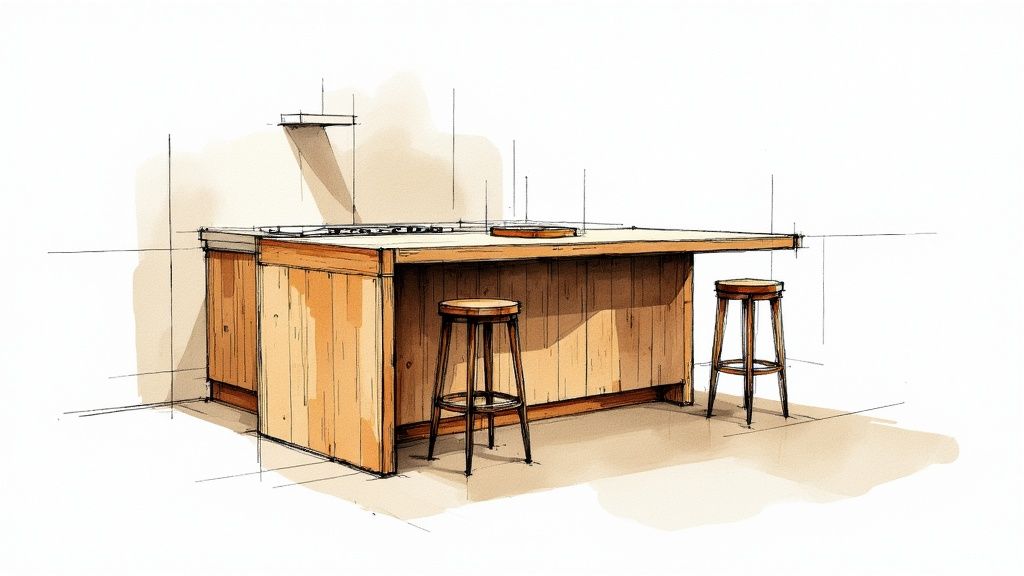 Robust træbar med to barkrakke i naturmaterialer.