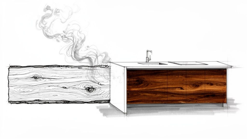 Håndlavet køkkenbord med naturligt træfinish og moderne design.