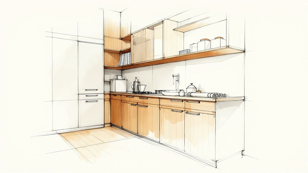 Skræddersyet køkkendesign med moderne træskabe og funktionelt layout.