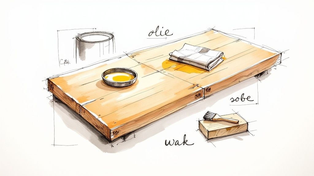 Rustikt træbord med oliebehandling og sæbefinish, ideelt til køkkenet eller stueindretning.