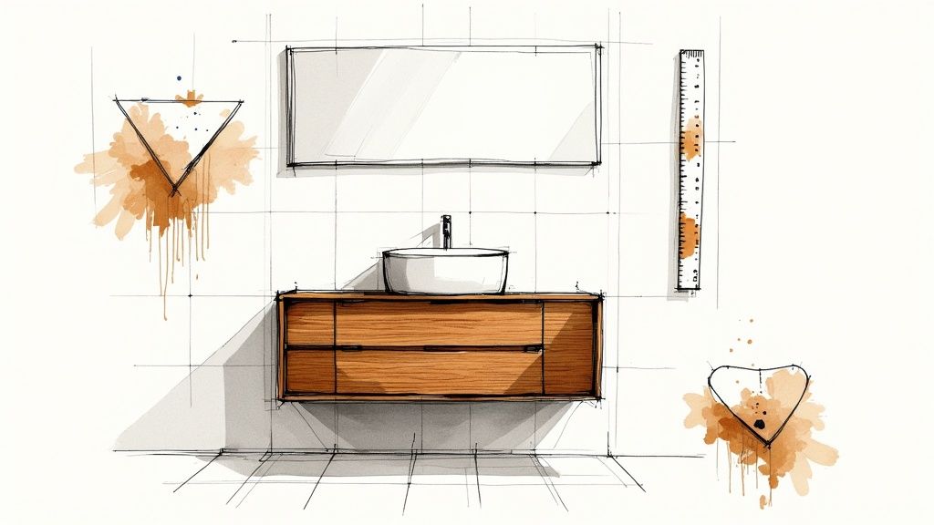 Køkken badeværelsesdesign med træskabe og spejl i minimalistisk stil.