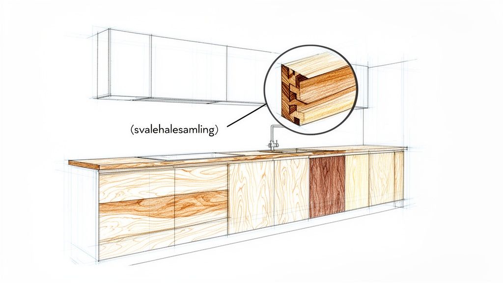 Håndlavet køkken med træskabe og indbygget trædetalje i naturligt træ.