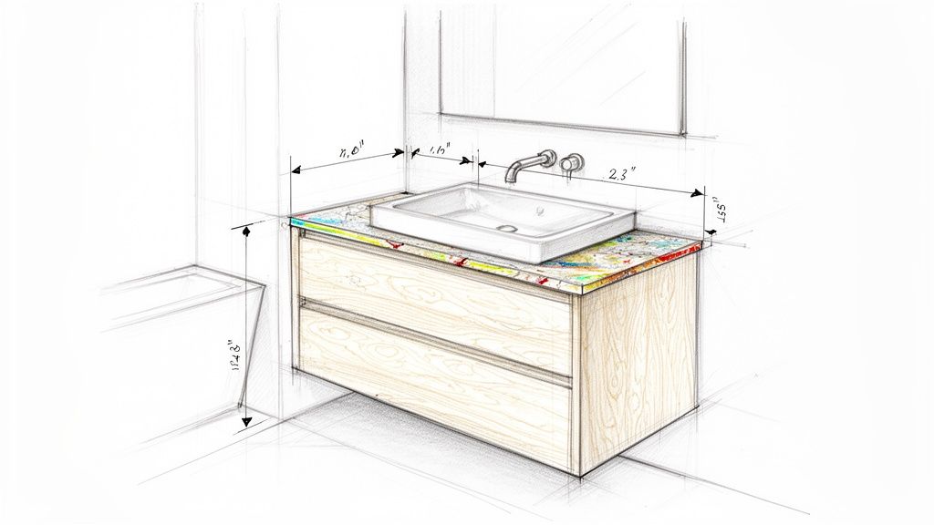 Håndtegnet køkkenvask med målinger og træskab, klar til specialfremstilling.
