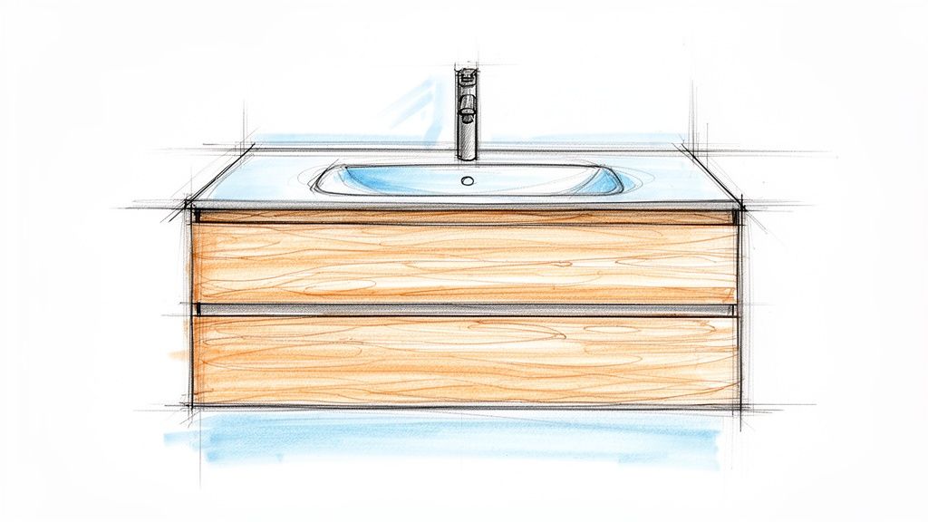 Håndtegnet badeværelsesbord med skuffer til modernisering og trædesign.