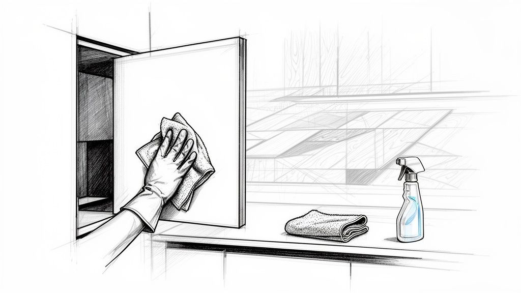 Hånd, der polerer et skab med klud i et køkkenmiljø.