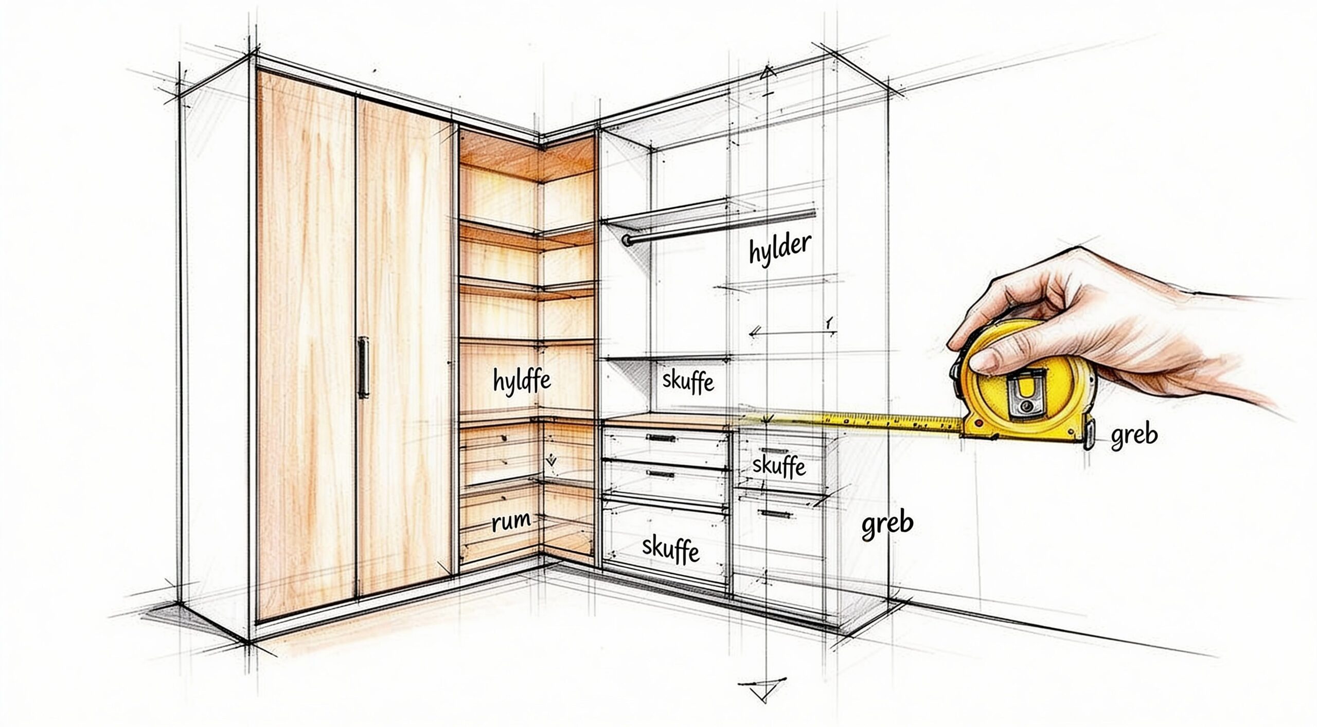 Håndtegnet skitse af tilpasset indbygningsskab med hylder og skuffer, klar til træproduktion.