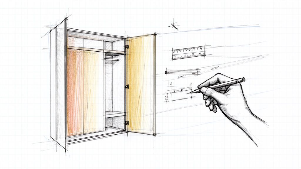 Lav skitse af specialfremstillet skab med mål og design i detaljer.