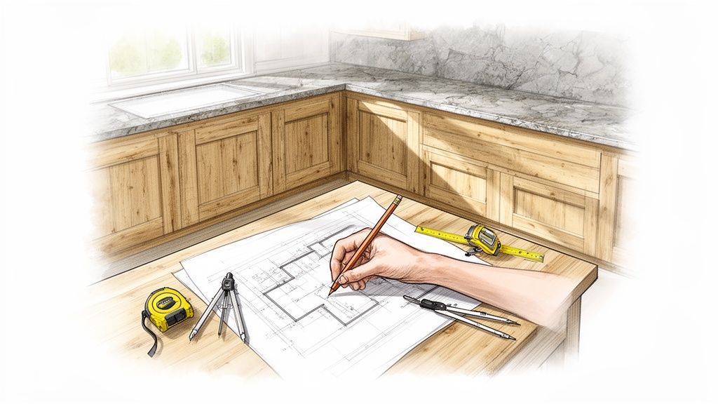 Håndtegnet snedkerarbejde med detaljerede træk og mål i et moderne køkkenmiljø.