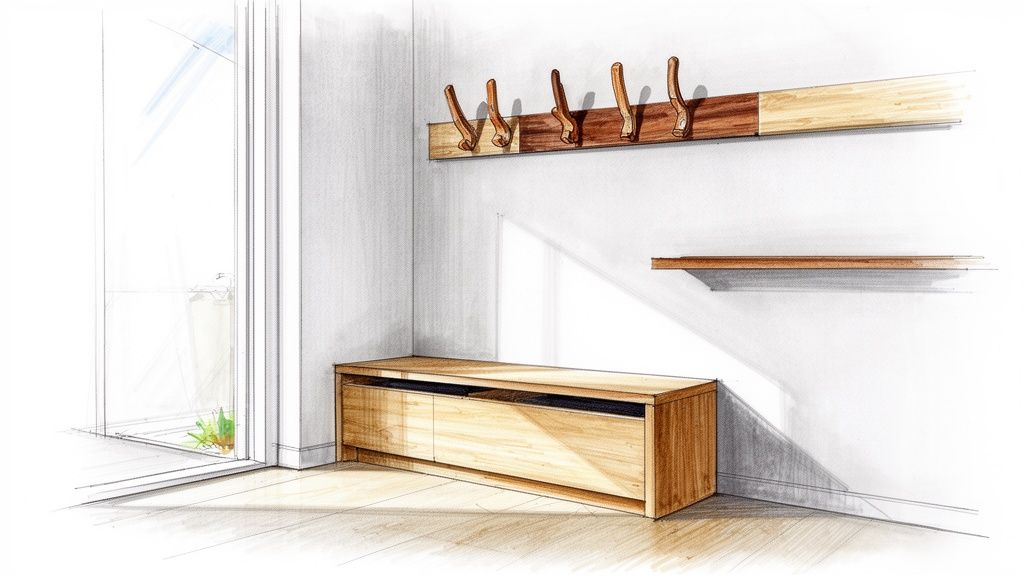 1. Billedskab med væghængt knagerække og skohylde i træ fra Signatur Snedkeri.