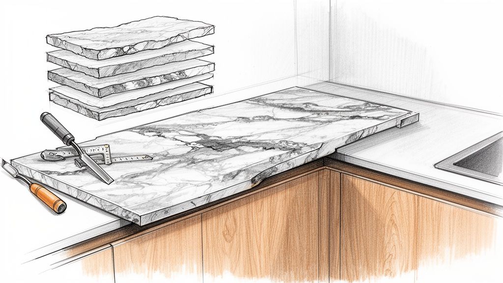 Køkkenbord med marmorfinish og træskabe, professionel snedkerarbejde, kvalitetsmaterialer.