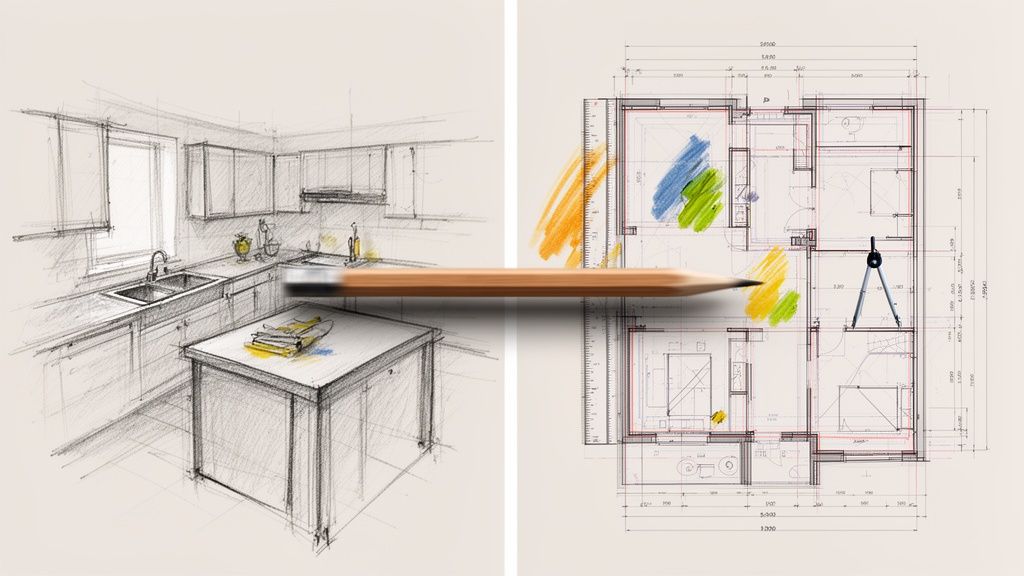 Køkkenarkitektur skitse med planlægning og design, inklusive farvemarkeringer og præcise mål.