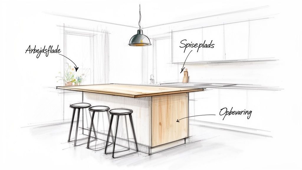 Håndtegnet køkkenø med arbejdsflade, spiseplads, opbevaring og tre stole i moderne design.