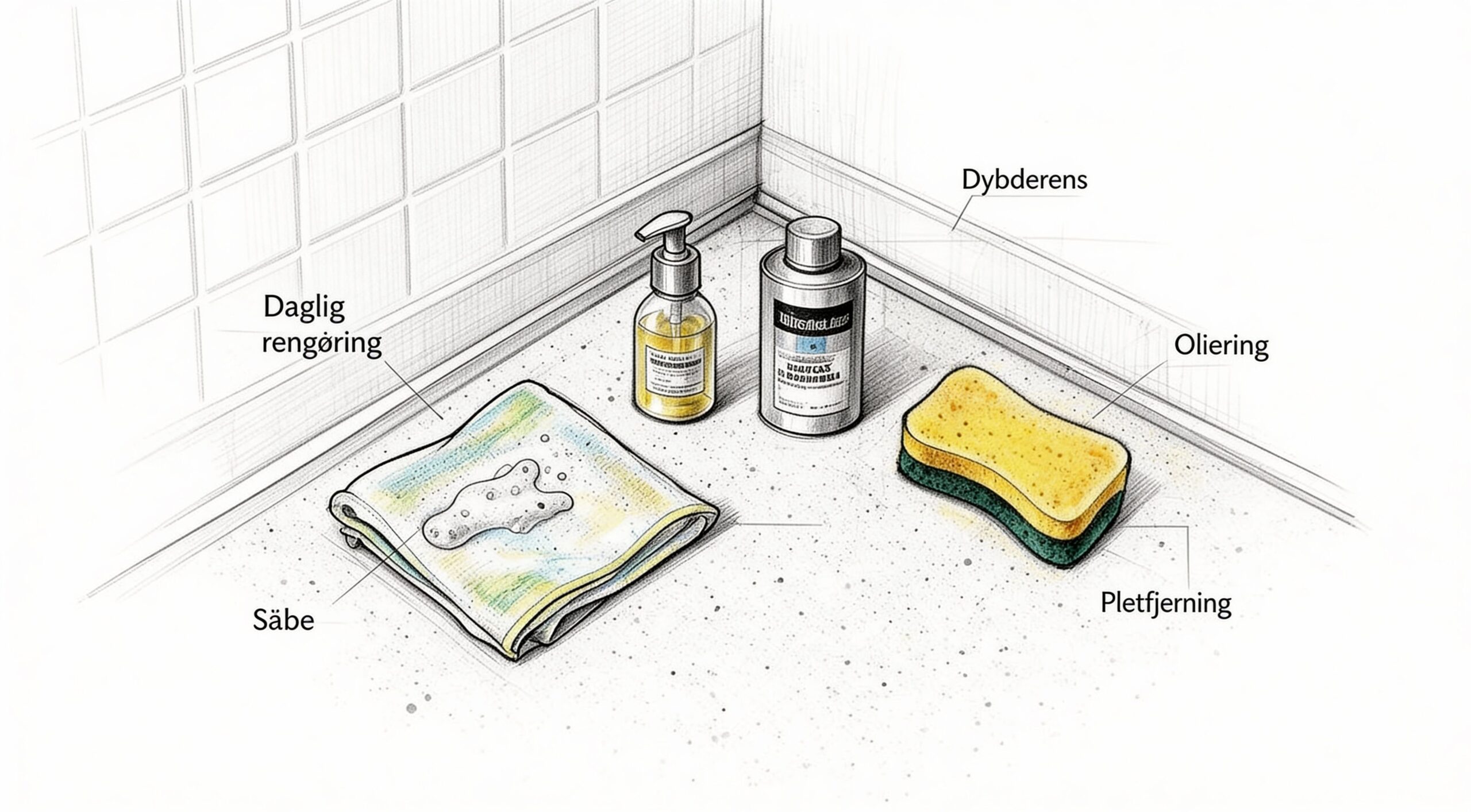 Antibakteriel rengøring af badeværelse med sæbe, olie, dybderens og pletrenser.