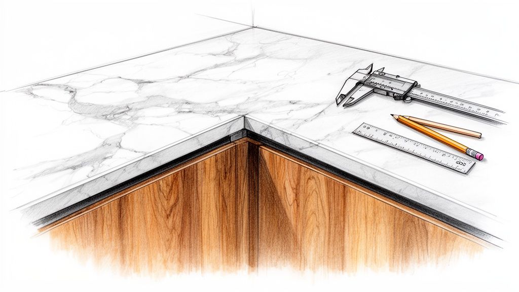 Eksklusivt køkkenbord med marmordække og træskab, klar til detailplanlægning og montering.