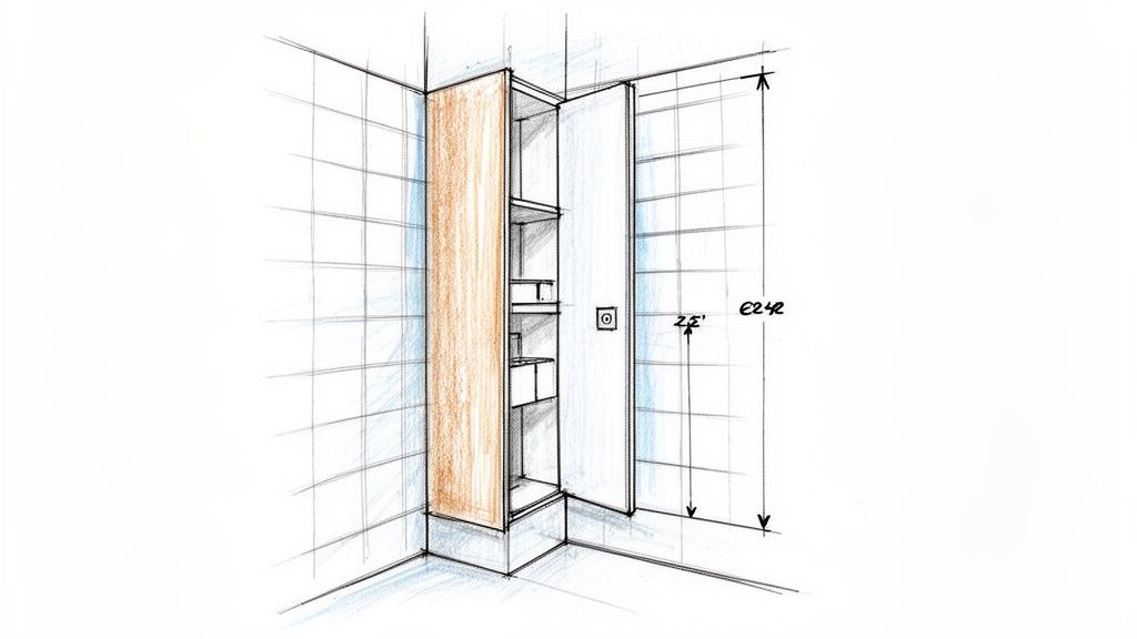 Skitse af specialbygget garderobeskab i birtholdtræ.