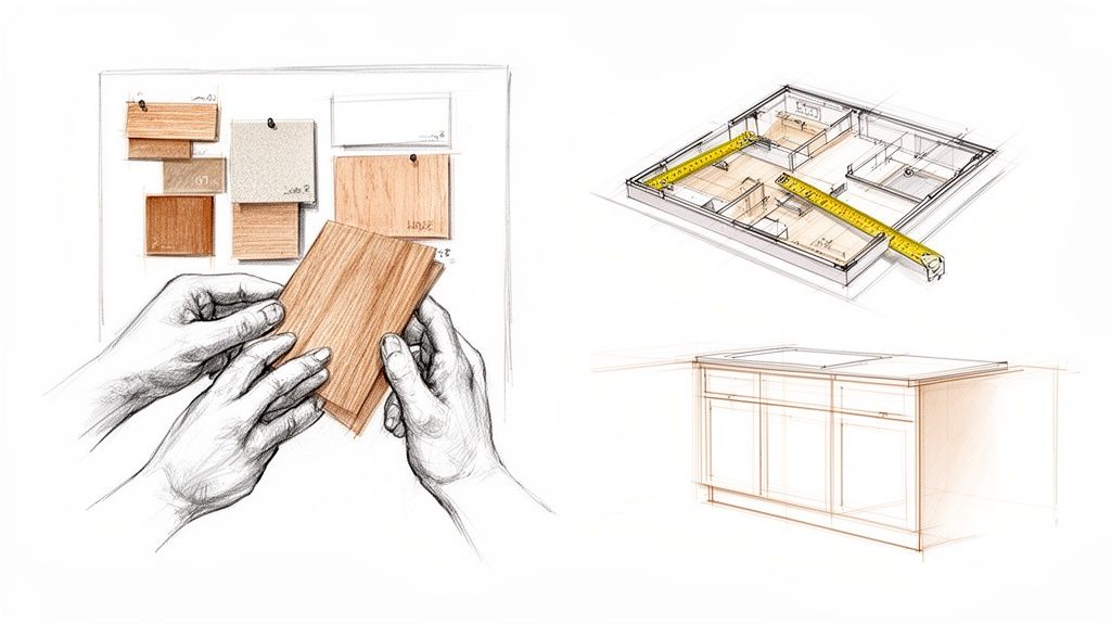 Morfarvet træprøve og designskitser af køkkenplanlægning og snedkerarbejde.