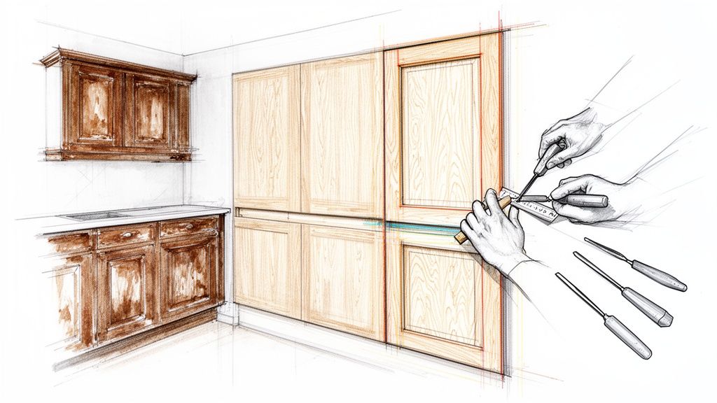 Køkkendesign i træ med skitse-illustration, håndværkerarbejde ved opmåling og fastholdelse.