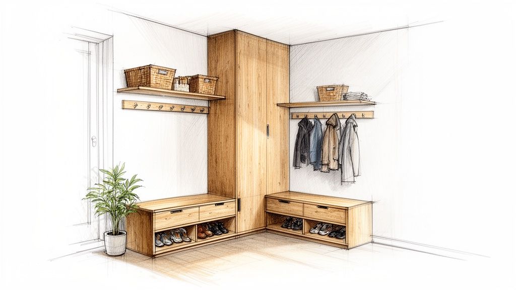 Bæredygtig indretning med specialfremstillede trænice og skohylder.