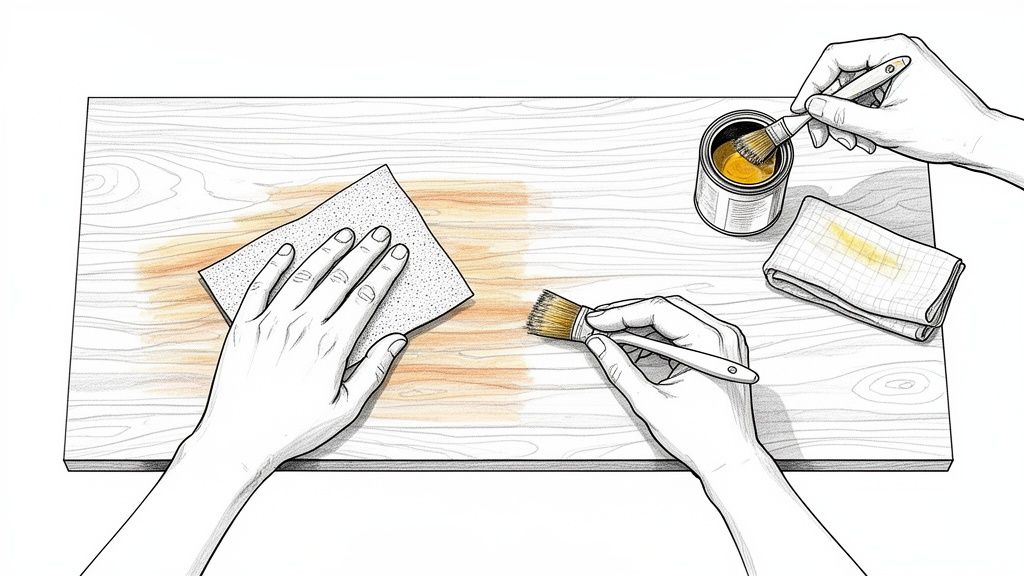 Maling af træoverflade med pensel og klud, værktøj til træbehandling, håndværkerarbejde, æstetisk finish.