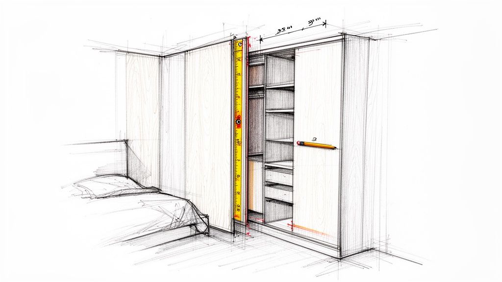 Håndtegnet skitse af et specialfremstillet garderobesystem til soveværelse, fremstillet af Signatur Snedkeri.