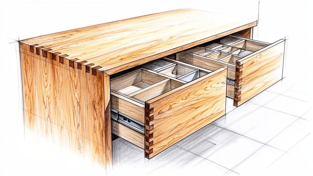 Håndlavet træskuffe til køkken med indbyggede segregationsbokse, elegant sandersk.