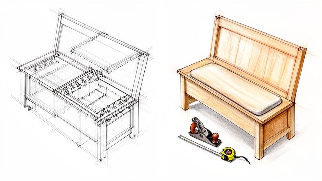 Smuk træbænk med opbevaringsskuffe og naturlig finish. Perfekt til hjemmet eller entréen.