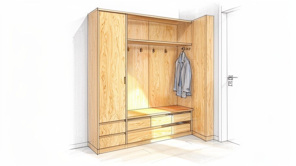 Professionelt snedkerarbejde med specialfremstillet garderobe i træ.