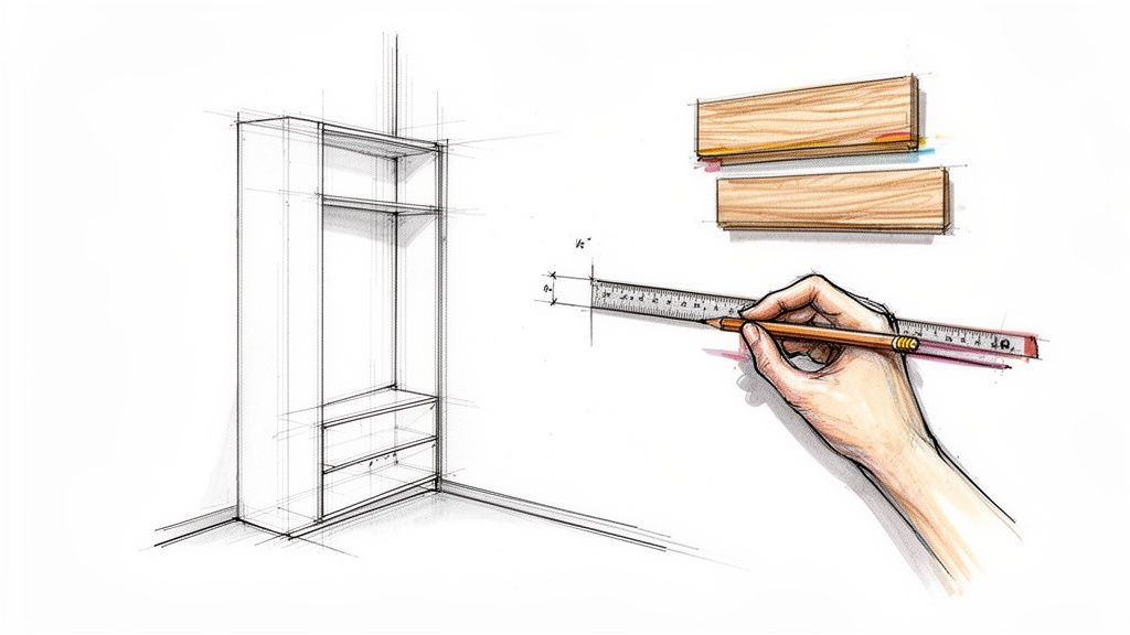Håndtegnet snedkerplan med målebånd og træstykker til specialfremstillede snedkerarbejder.