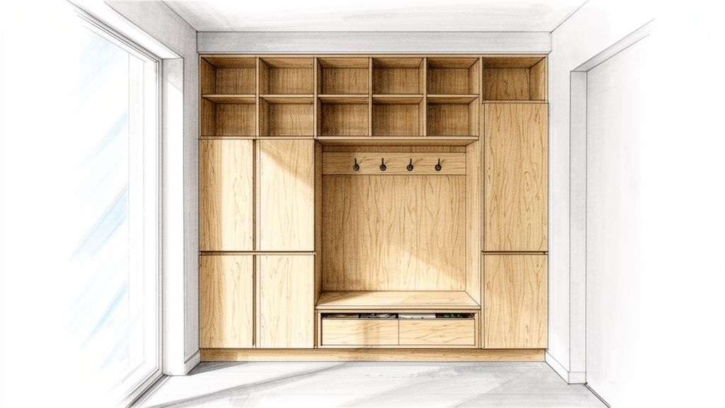 Højdejusterbart snedkerlavet garderobesystem i lyst træ til optimal opbevaring.