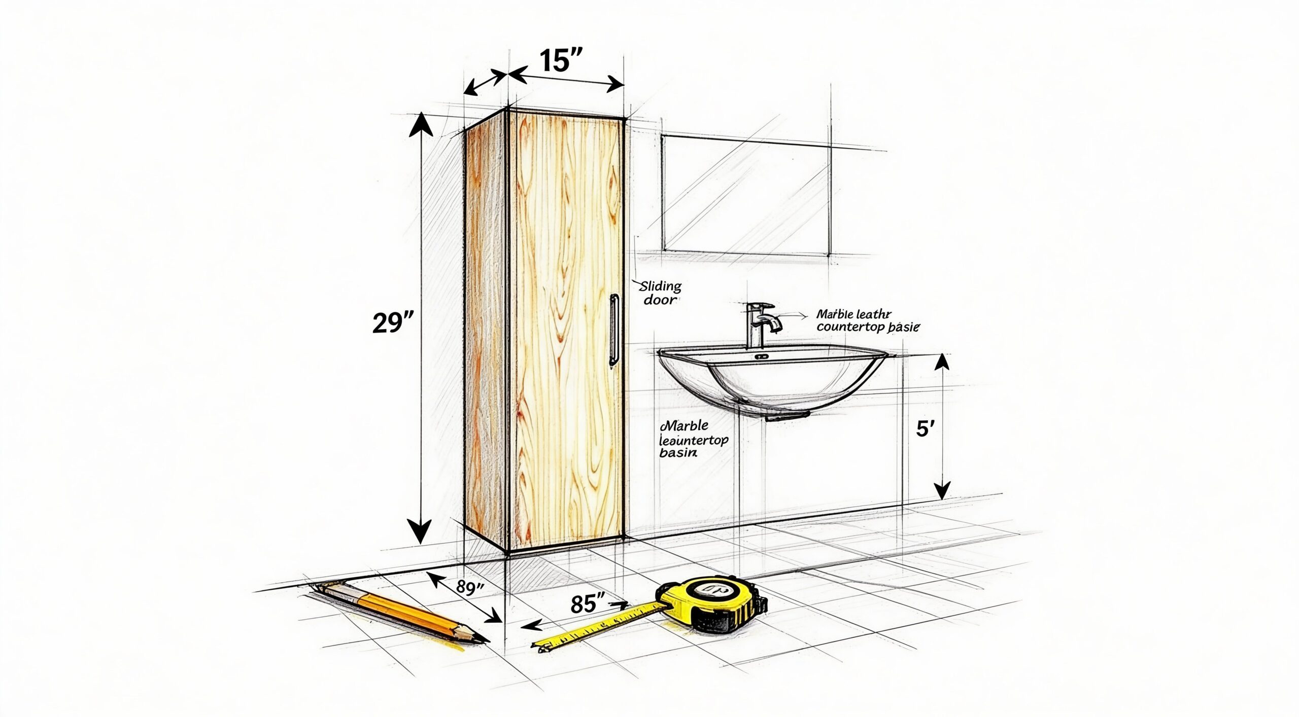 Billedskitse af specialbygget badeværelsesmøbel i træ og marmor.