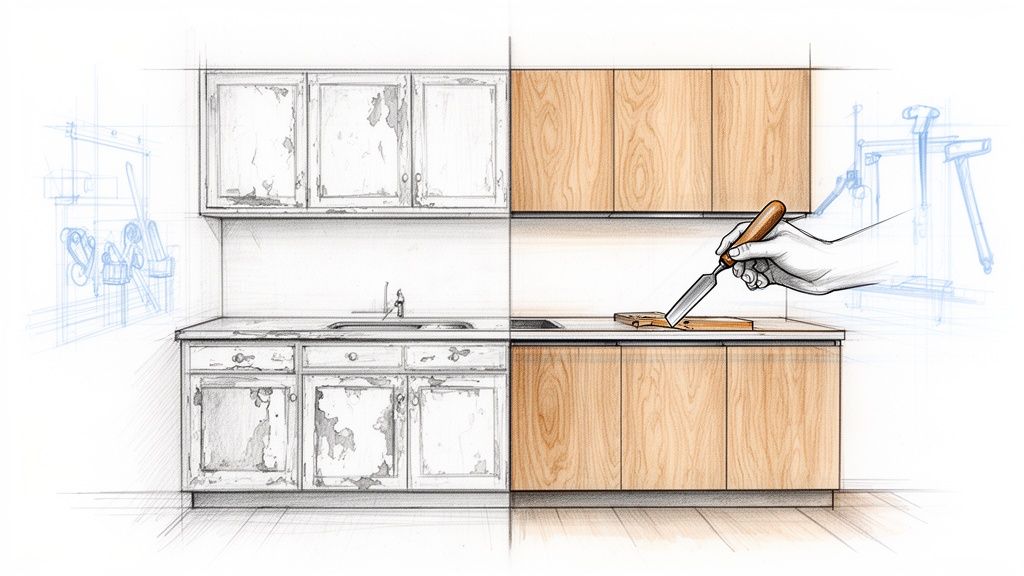 Håndtegnet skitse af specialfremstillet snedkerkøkken med fokus på kvalitets snedkerarbejde.