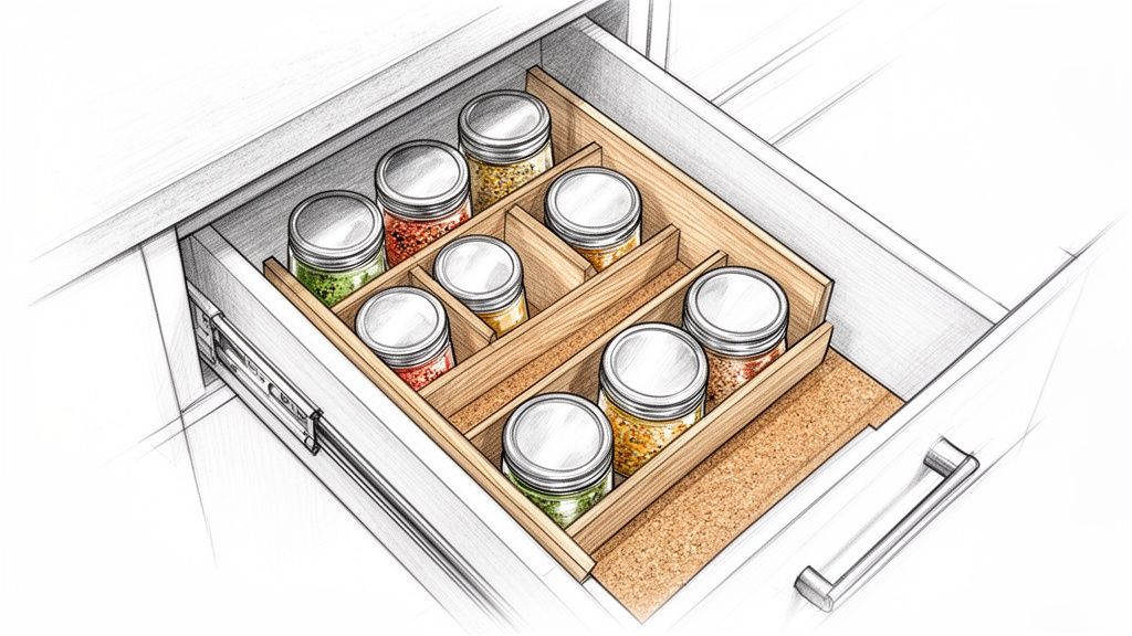 Snedkerarbejde med organiserede glas i skuffe, professionelt snedkerarbejde.