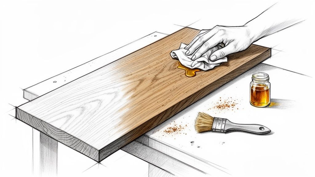 Håndværker, der udfører snedkerarbejde med træ.