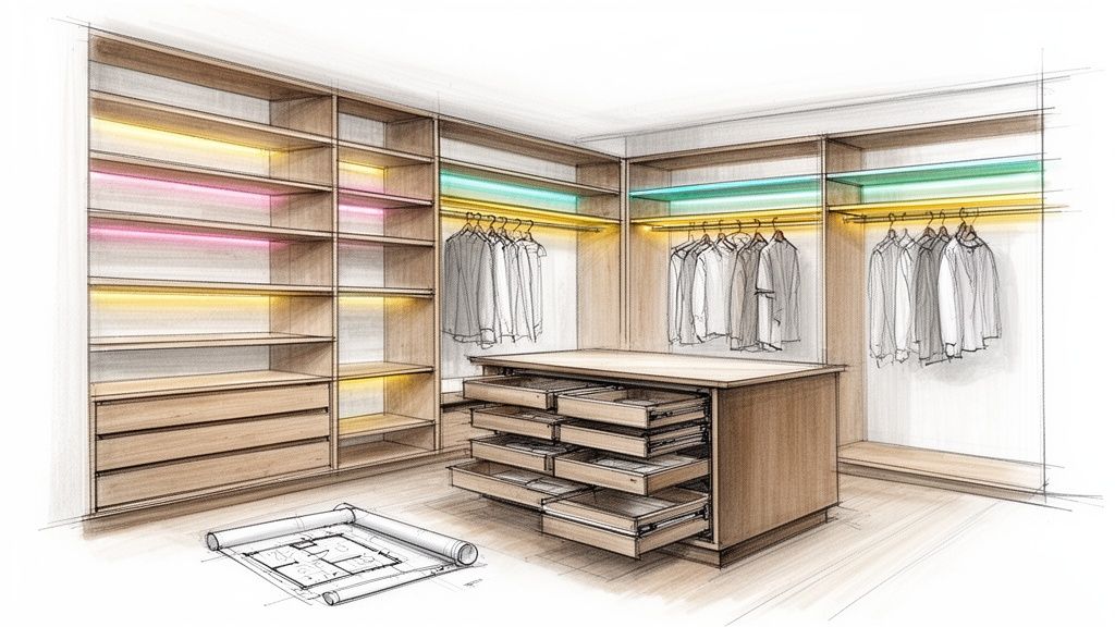 Håndtegnet skitse af specialfremstillet snedkerarbejde til garderobe og opbevaring.