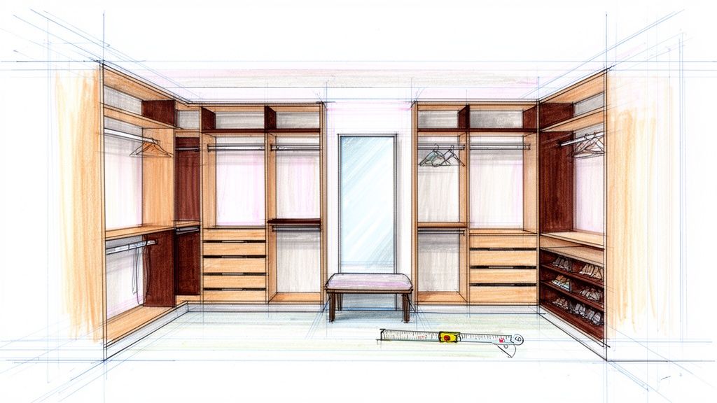 Højdejusterbart snedkerarbejde til garderobe med skabe og hylder.