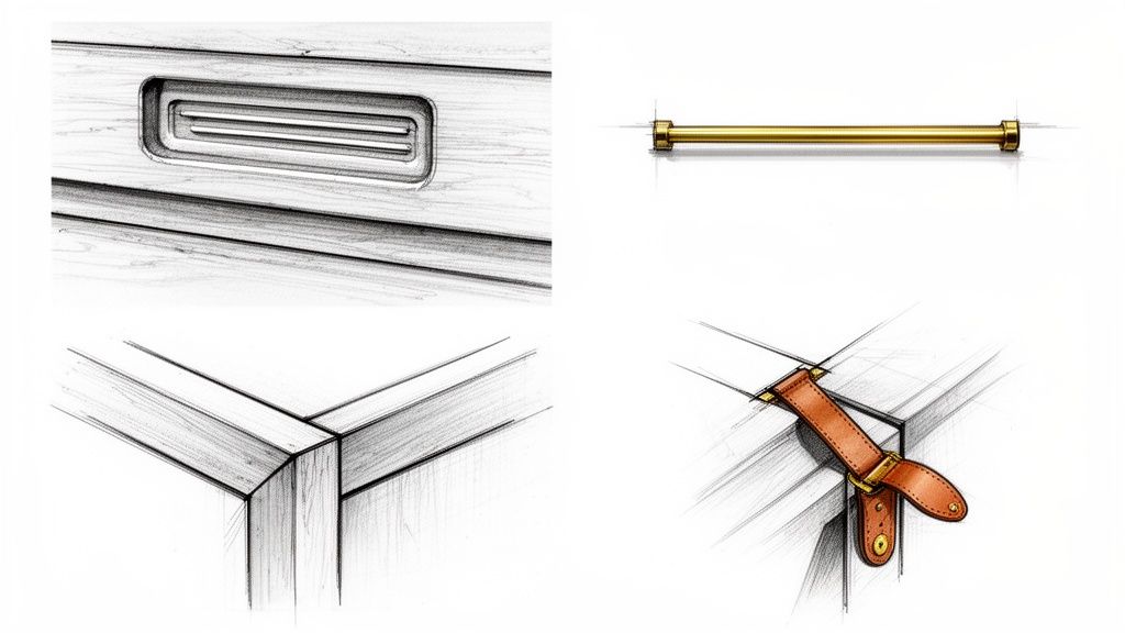 Detaljerede skitser af badeværelsesmøbeldesign, inklusive træstruktur, et messinggreb, en hjørnesamling og en læderstrop.