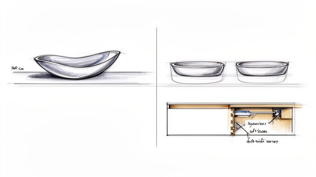 Designskitser af en badeværelsesvask på 140 cm og en soft-close skuffemekanisme under et møbel.