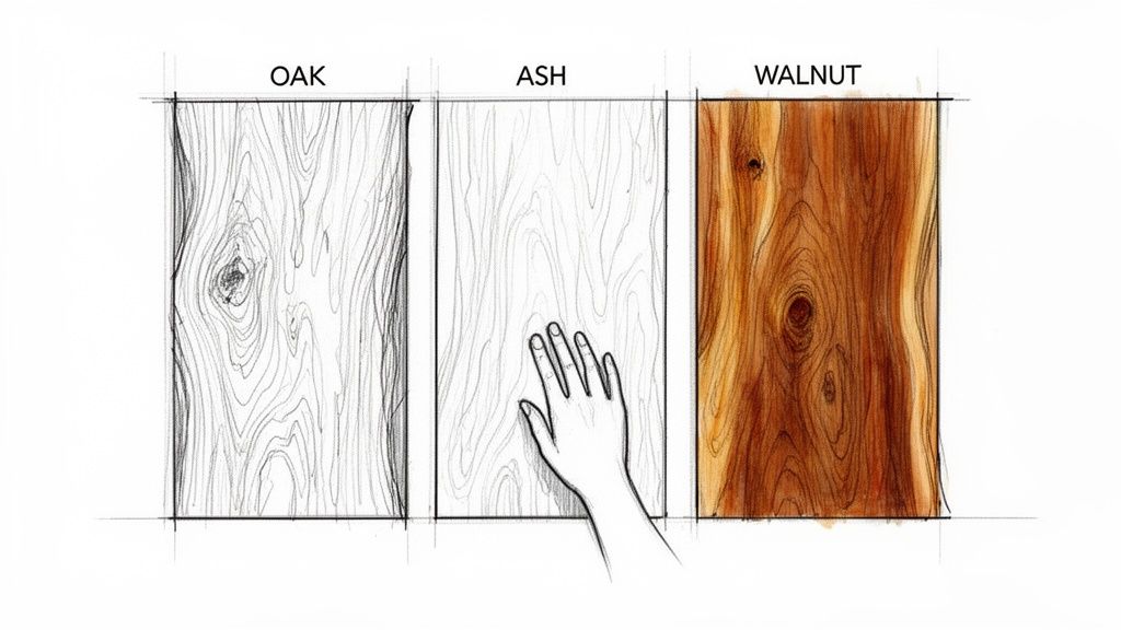 Illustration af tre forskellige træsorter: eg (egetræ), ask (asketræ) og valnød (valnøddetræ), med en hånd der rører ved asketræet.