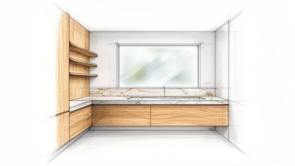 Skræddersyet snedkerarbejde til køkken, fokus på kvalitets snedkeri og unikt design.