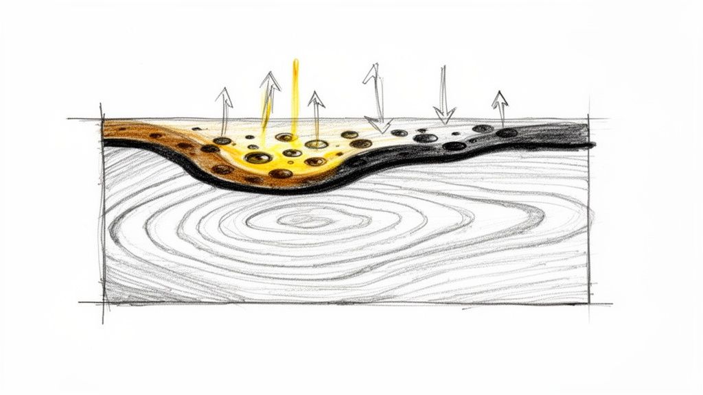 Diagram der viser en træoverflades reaktion med væske, der fordamper og absorberes.