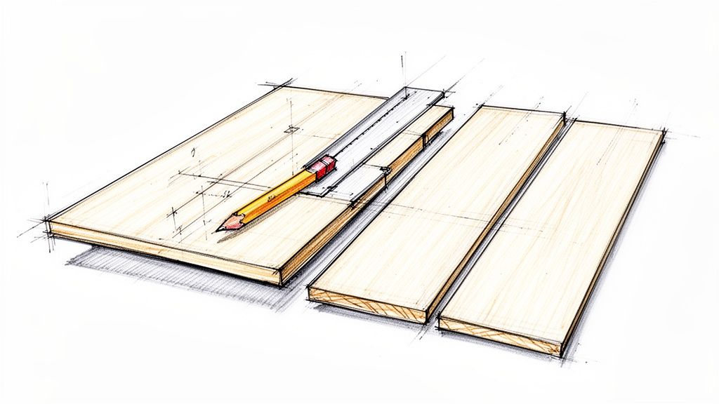 Snedkerarbejde med træplanker og måleværktøj til unikt snedkerprojekt.