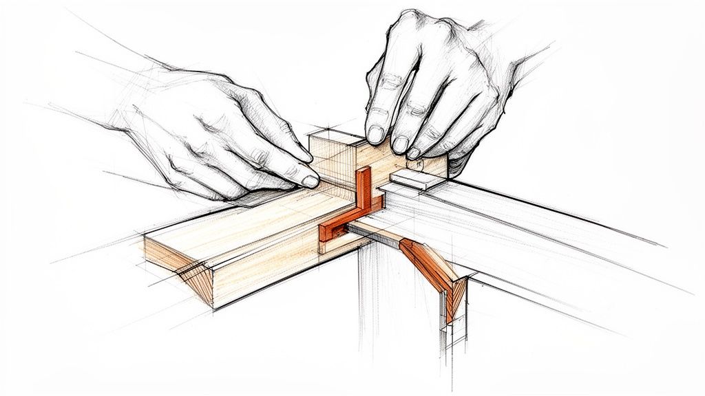 Snedkerarbejde og træskitser, fokus på håndværk og præcision.