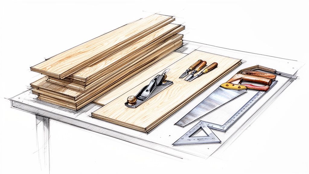 Snedkerarbejde med træ, værktøj og materialer til snedkerprojekter.