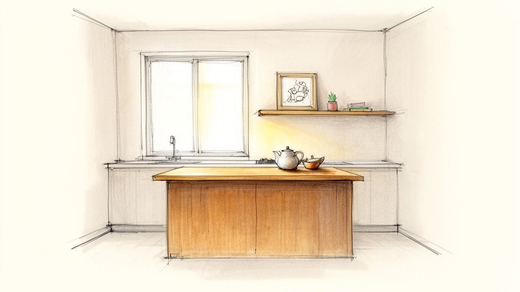 Håndtegnet skitse af et moderne køkkeninteriør med en central køkkenø, vindue og væghylde.